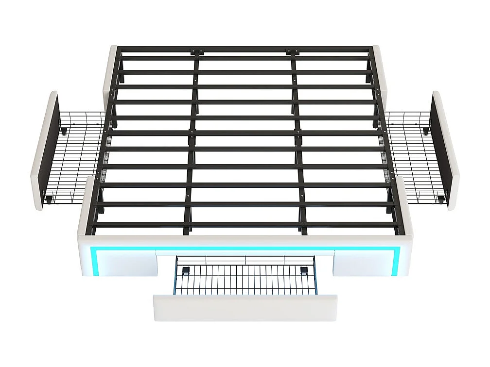 lit avec rangement 180x200 avec tiroirs lit en cuir PU sans tête de lit Avec bandeau lumineux LED sommier à lattes métalliques beige