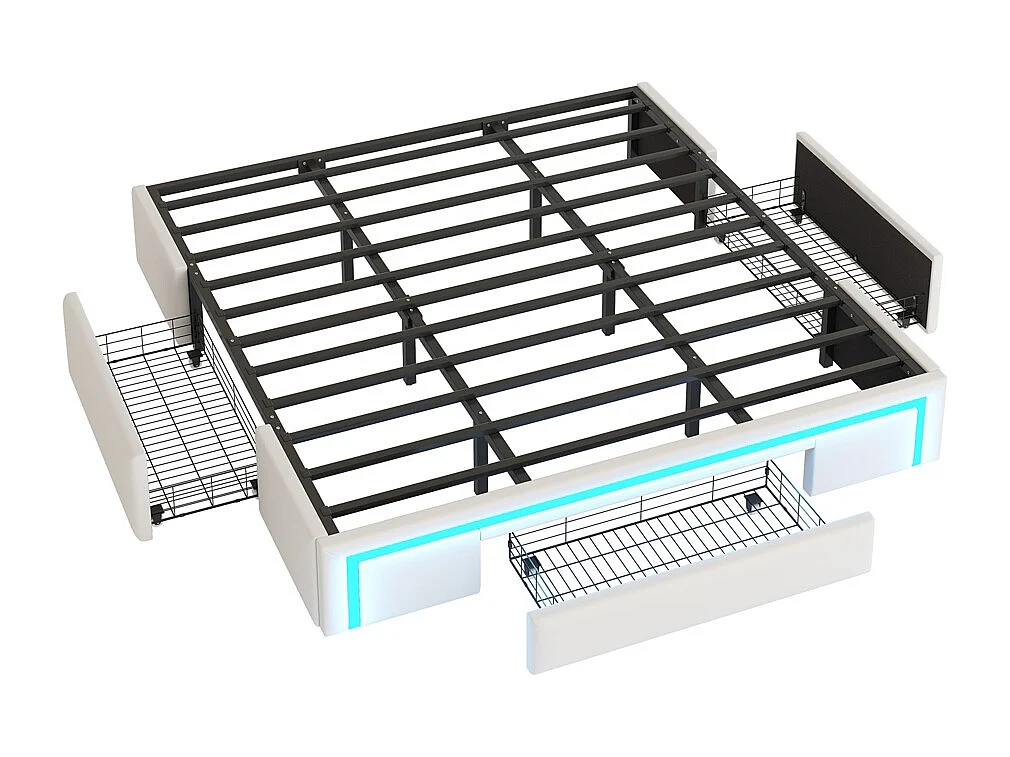 lit avec rangement 180x200 avec tiroirs lit en cuir PU sans tête de lit Avec bandeau lumineux LED sommier à lattes métalliques beige
