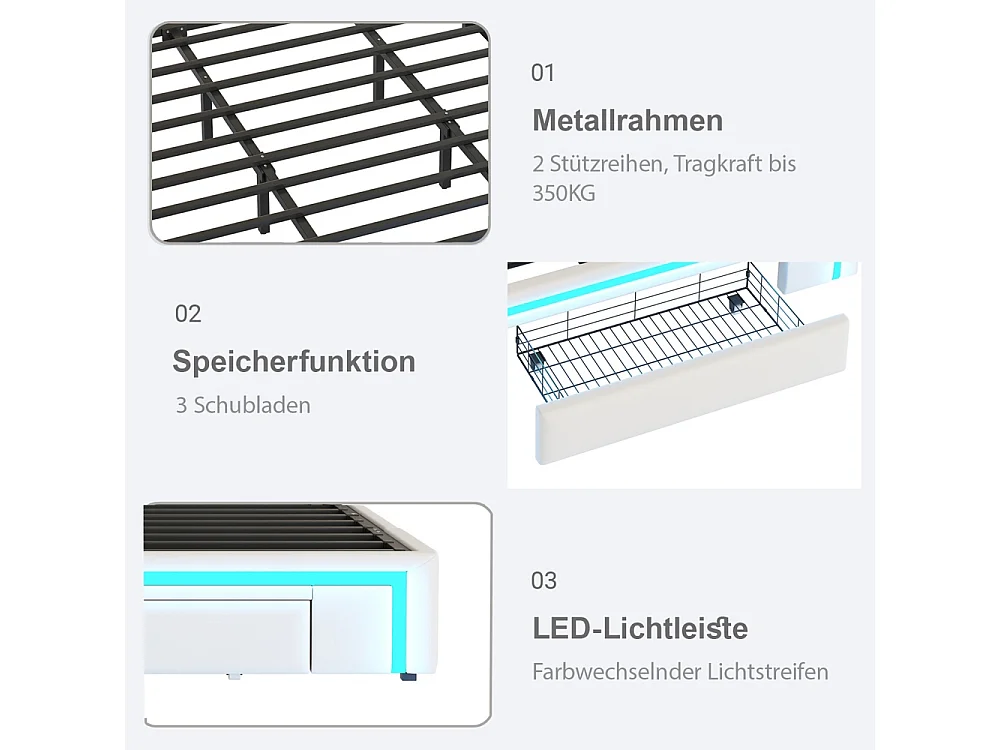 lit avec rangement 180x200 avec tiroirs lit en cuir PU sans tête de lit Avec bandeau lumineux LED sommier à lattes métalliques beige