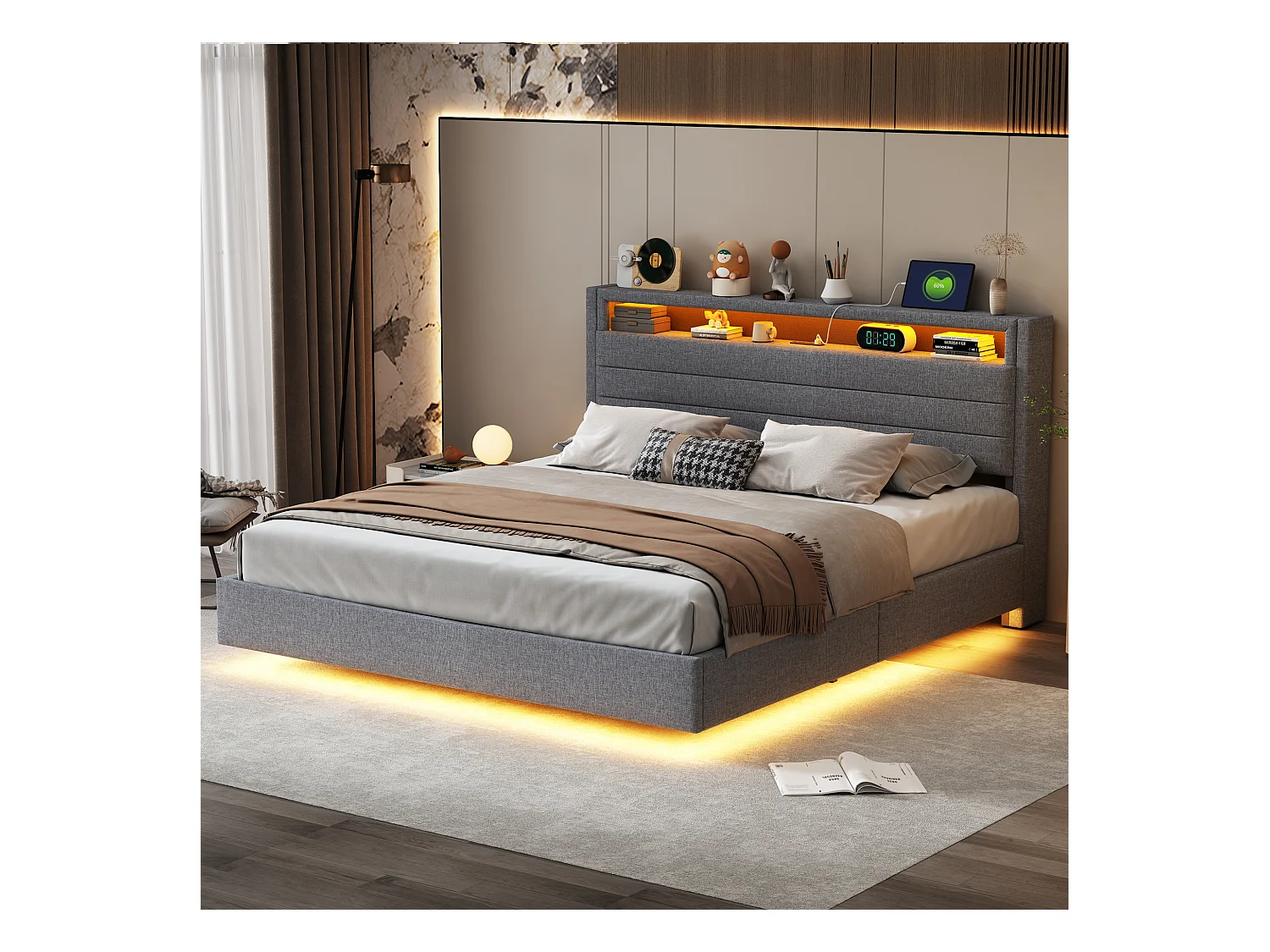 Cama con almacenaje 160x200 cm, con iluminación LED y puerto USB, con almacenaje, tela de lino, color gris