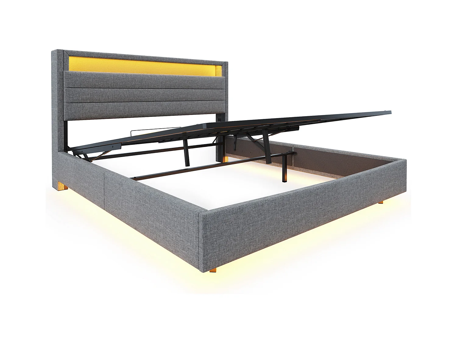 Cama con almacenaje 160x200 cm, con iluminación LED y puerto USB, con almacenaje, tela de lino, color gris