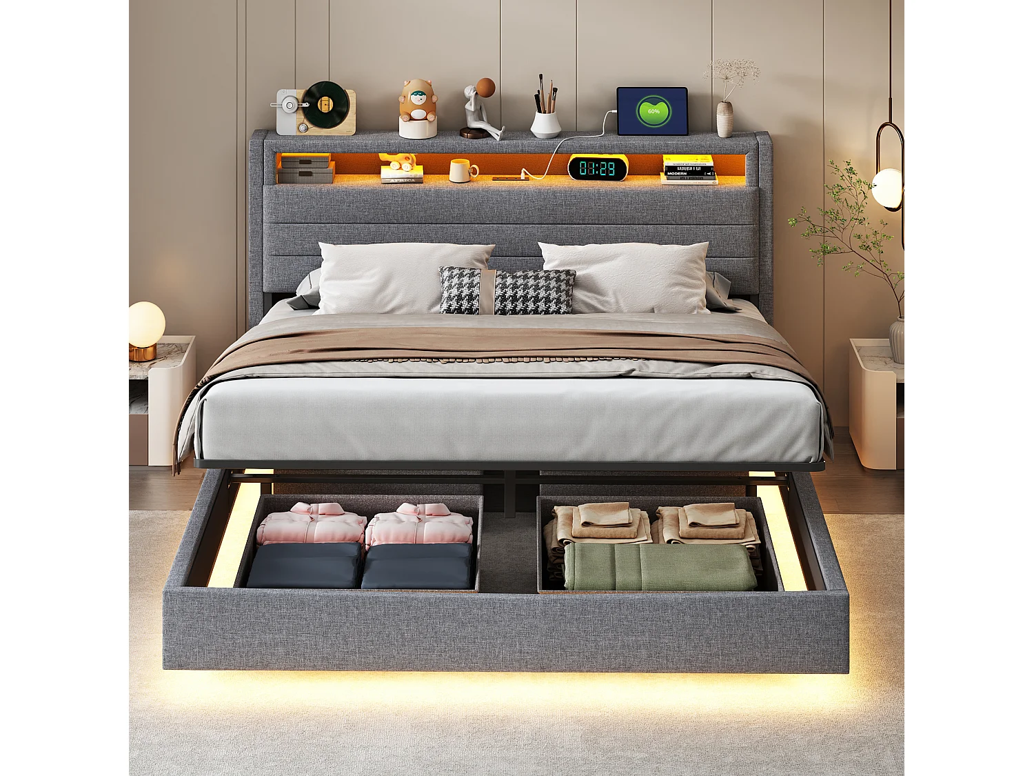 Cama com arrumação 160x200 cm, Cama com iluminação LED e porta USB, com arrumação, Tecido de linho, Cinzento