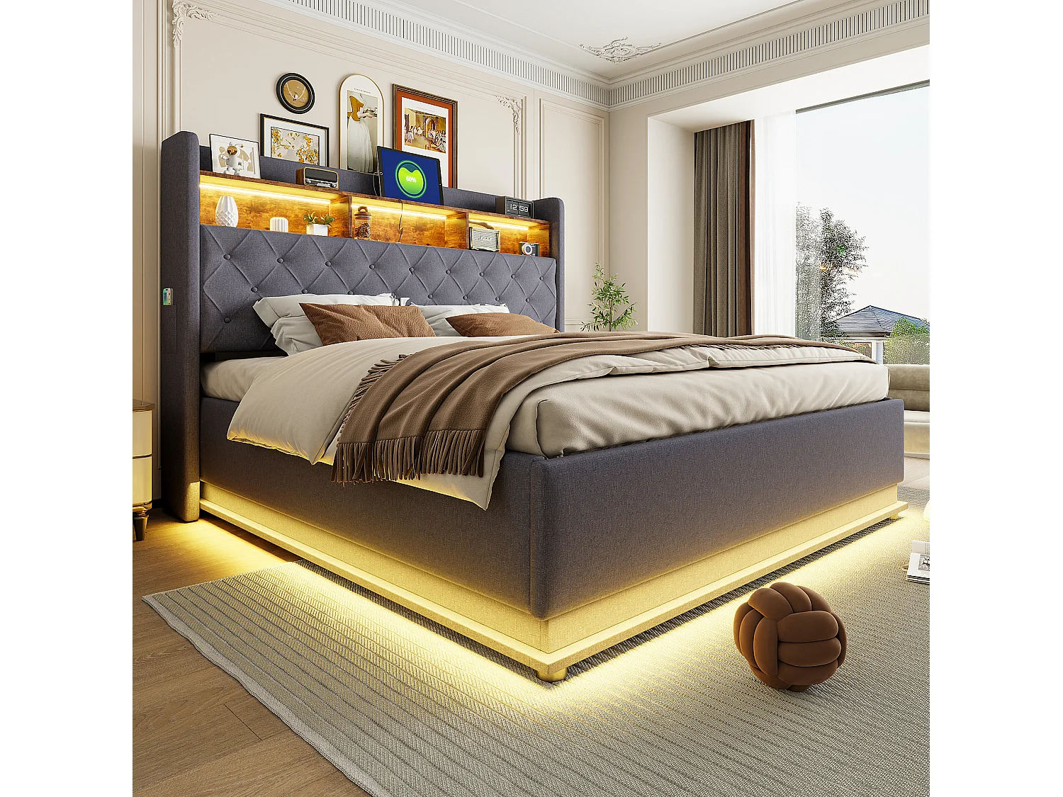 Gestoffeerd tweepersoonsbed, 180 x 200 cm, met hydraulische opberging, LED, lattenbodem, grijs