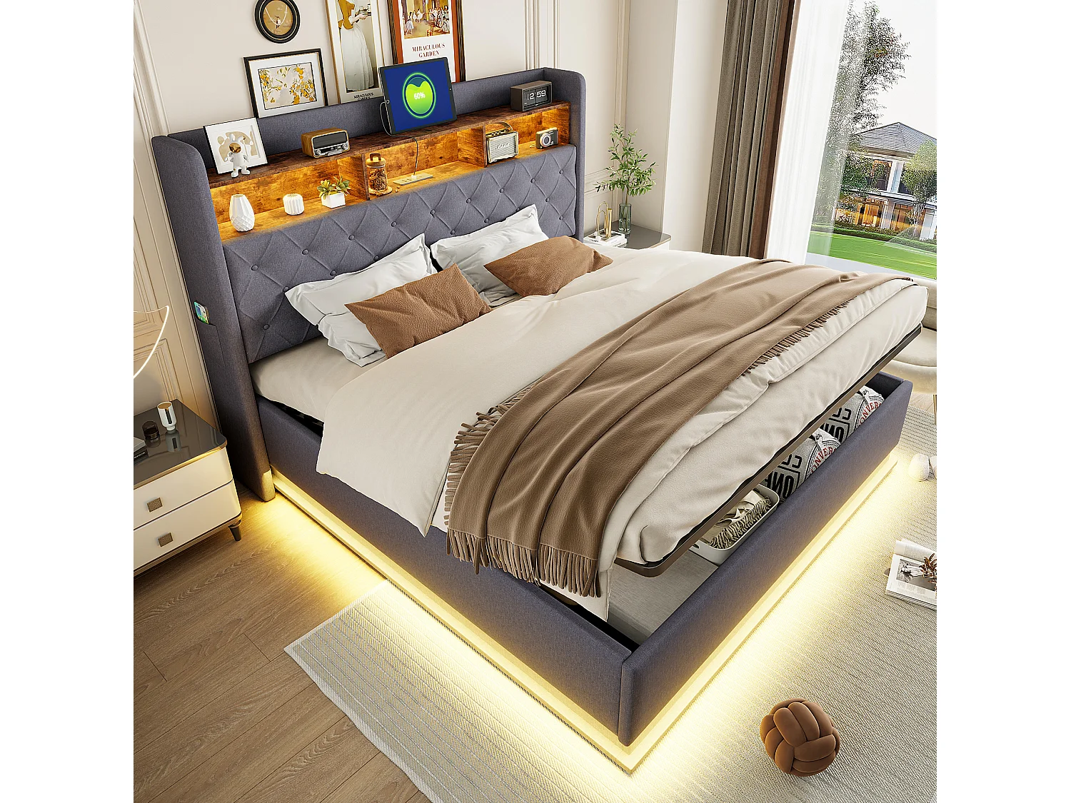 Gestoffeerd tweepersoonsbed, 180 x 200 cm, met hydraulische opberging, LED, lattenbodem, grijs