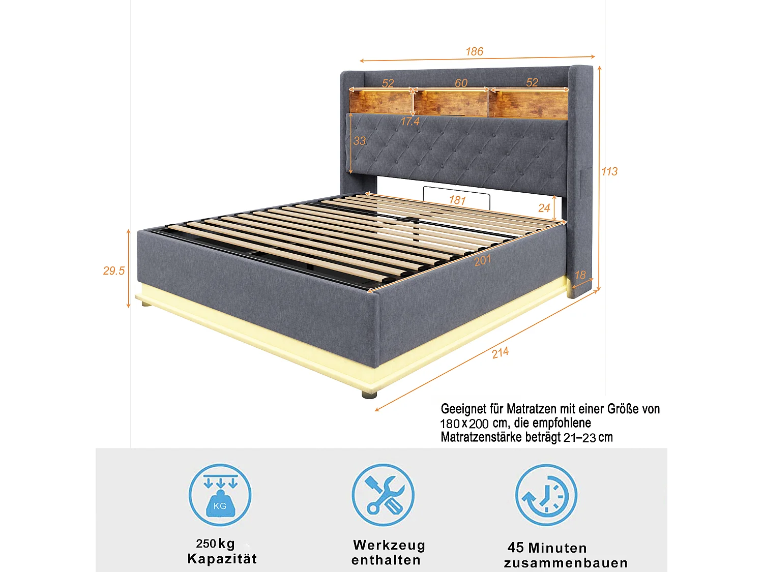 Gestoffeerd tweepersoonsbed, 180 x 200 cm, met hydraulische opberging, LED, lattenbodem, grijs