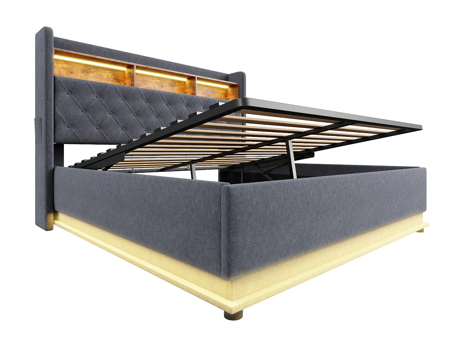 Gestoffeerd tweepersoonsbed, 180 x 200 cm, met hydraulische opberging, LED, lattenbodem, grijs