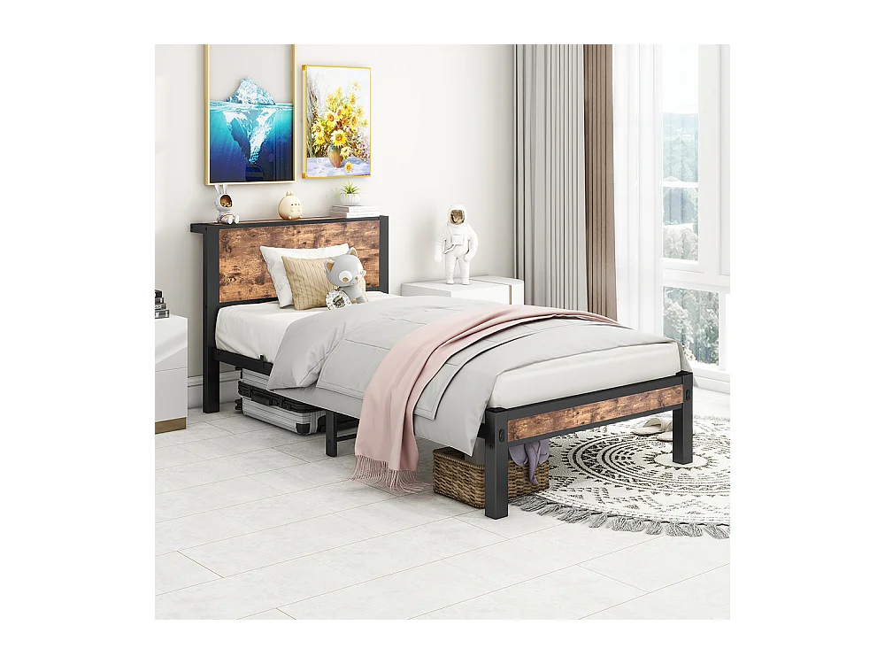 Lit adulte métallique 90x200 cm avec tête de lit et rangement sommier plateforme simple silencieux sans sommier tapissier vintage marron