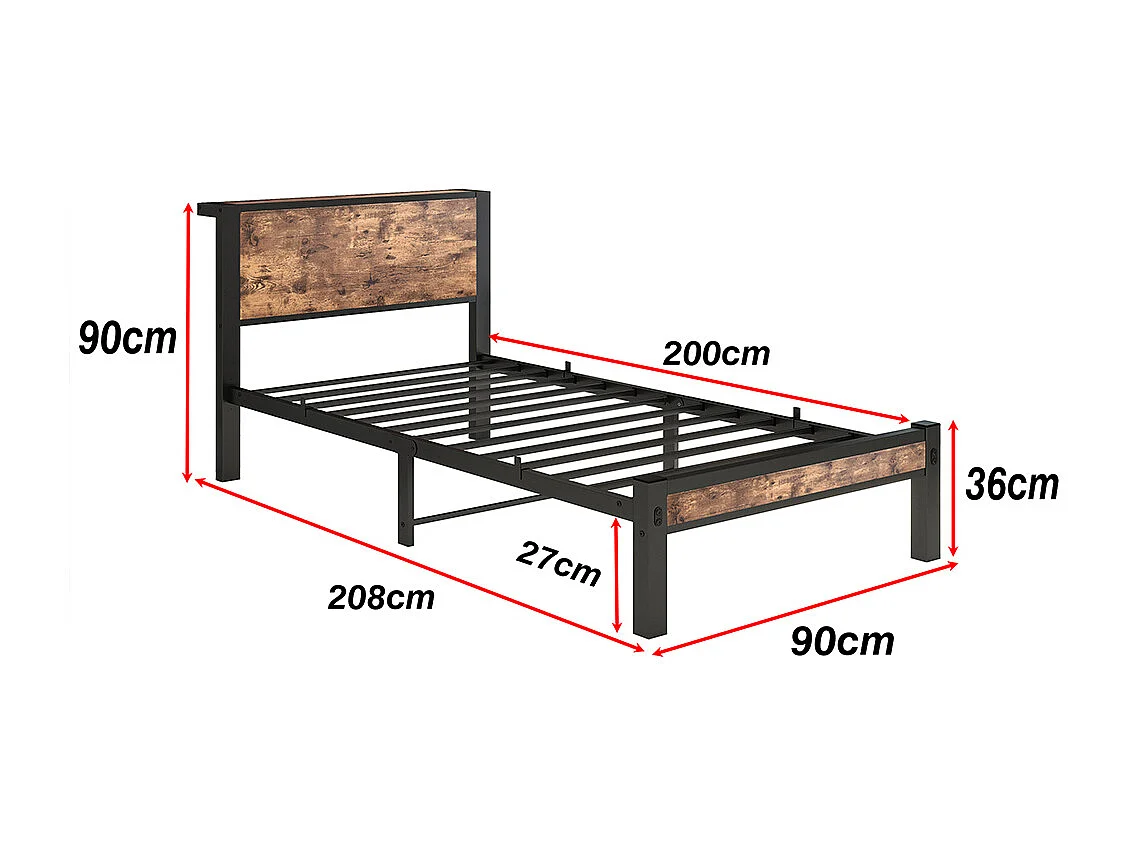 Lit adulte métallique 90x200 cm avec tête de lit et rangement sommier plateforme simple silencieux sans sommier tapissier vintage marron