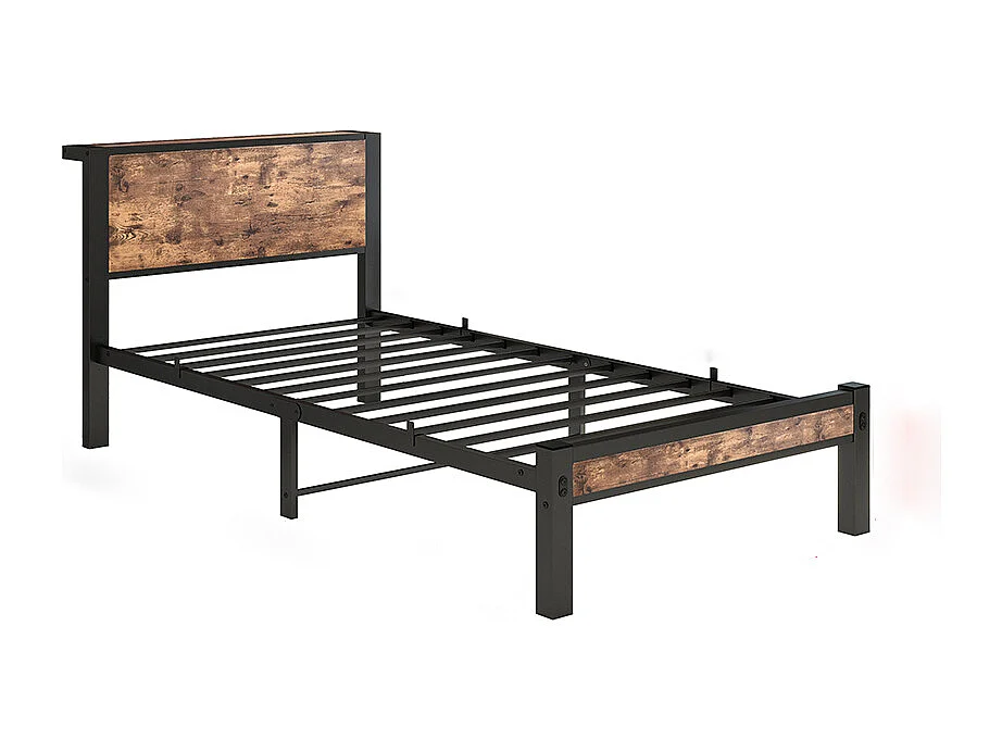 Lit adulte métallique 90x200 cm avec tête de lit et rangement sommier plateforme simple silencieux sans sommier tapissier vintage marron