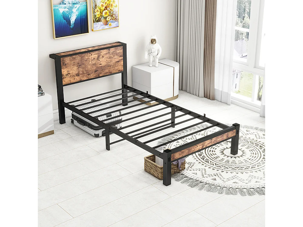 Lit adulte métallique 90x200 cm avec tête de lit et rangement sommier plateforme simple silencieux sans sommier tapissier vintage marron