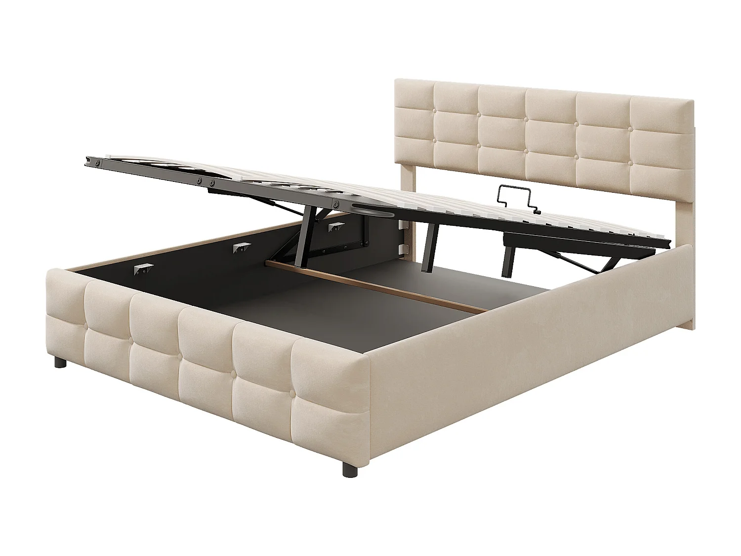 Lit rembourré hydraulique 180x200 cm avec Rangement sous, avec sommier à Lattes, Velours, beige
