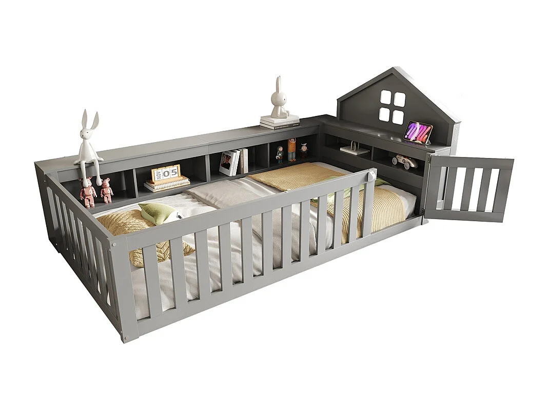Lit enfant 90x200 avec fenêtre avec compartiment de rangement avec barrière de sécurité et porte protection de sécurité sur tout le pourtour gris