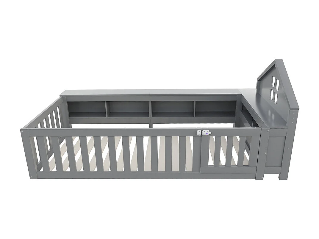 Lit enfant 90x200 avec fenêtre avec compartiment de rangement avec barrière de sécurité et porte protection de sécurité sur tout le pourtour gris