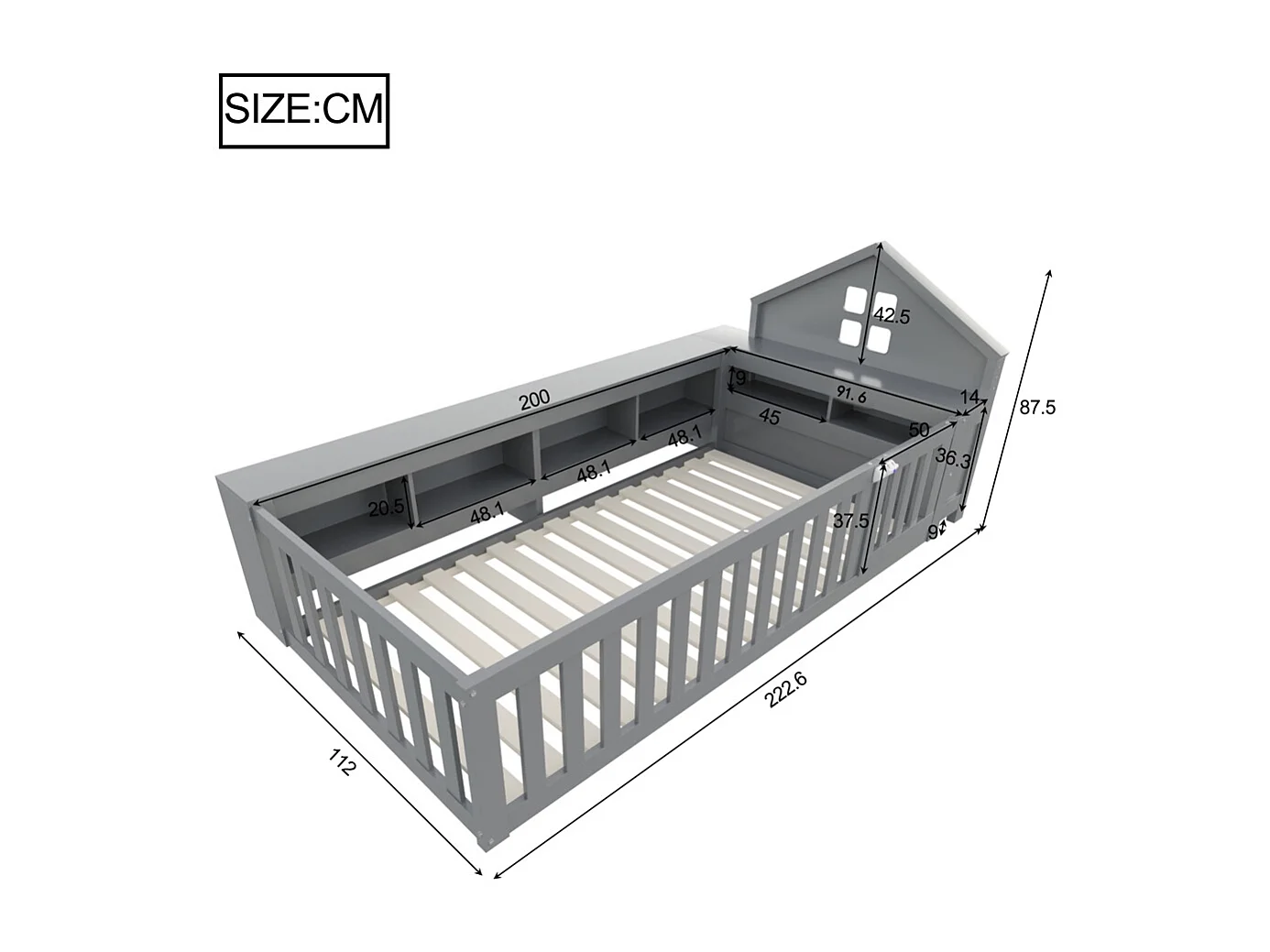Lit enfant 90x200 avec fenêtre avec compartiment de rangement avec barrière de sécurité et porte protection de sécurité sur tout le pourtour gris