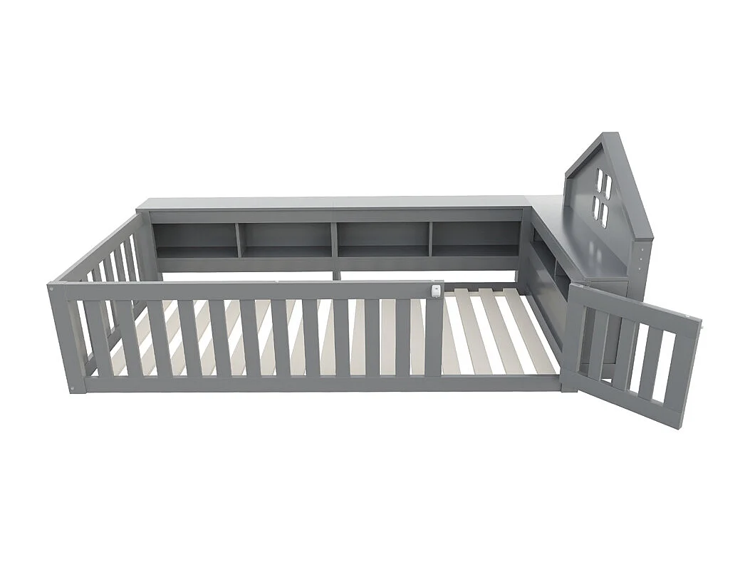 Lit enfant 90x200 avec fenêtre avec compartiment de rangement avec barrière de sécurité et porte protection de sécurité sur tout le pourtour gris