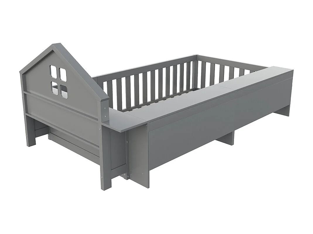 Lit enfant 90x200 avec fenêtre avec compartiment de rangement avec barrière de sécurité et porte protection de sécurité sur tout le pourtour gris