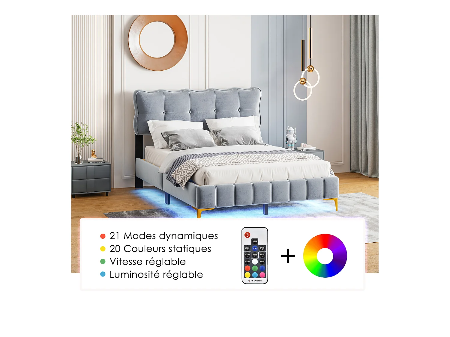 Cama tapizada con cabecero y somier de láminas Cama de matrimonio base LED 140x200 cm, Terciopelo, Gris