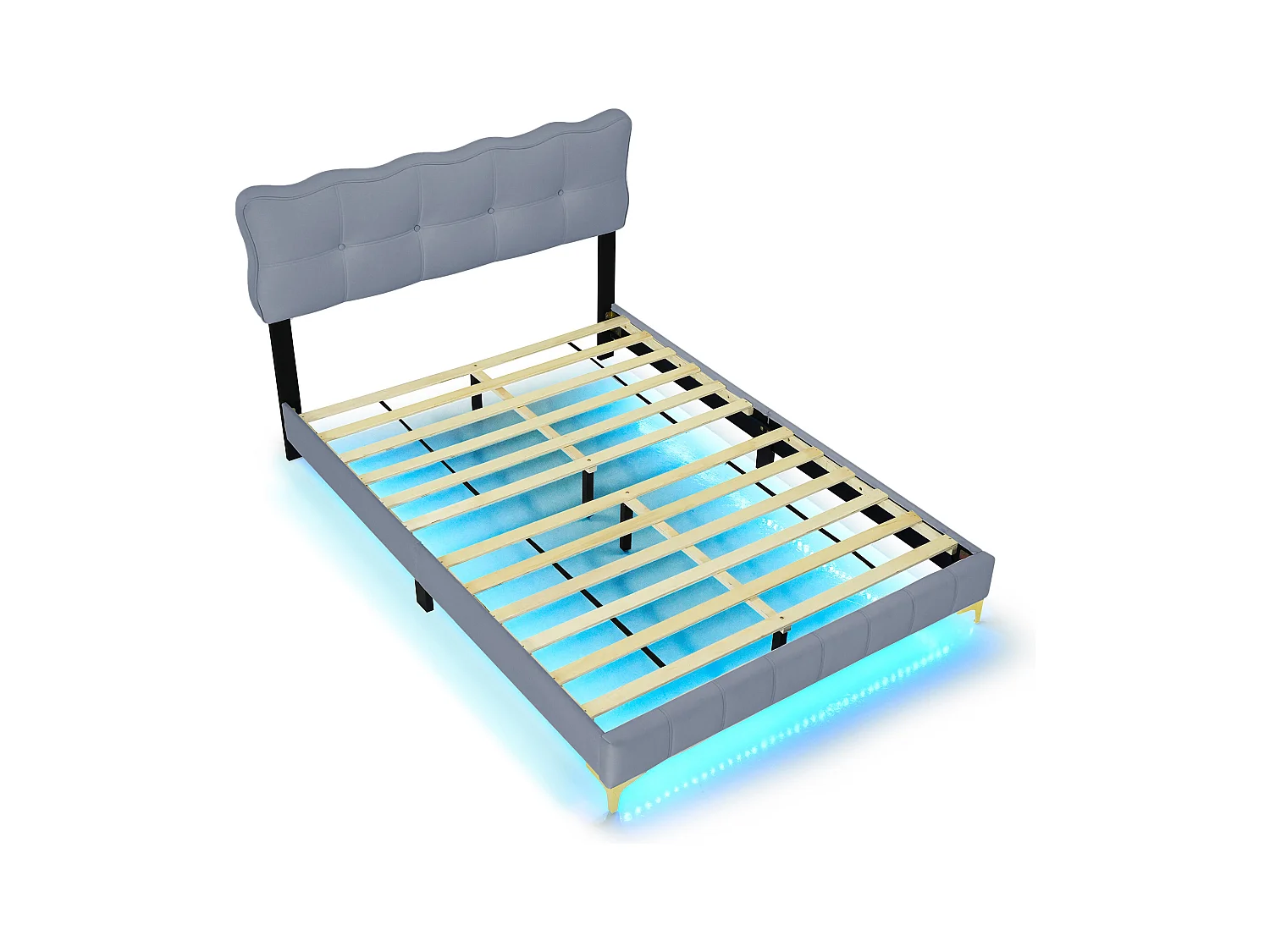 Cama tapizada con cabecero y somier de láminas Cama de matrimonio base LED 140x200 cm, Terciopelo, Gris