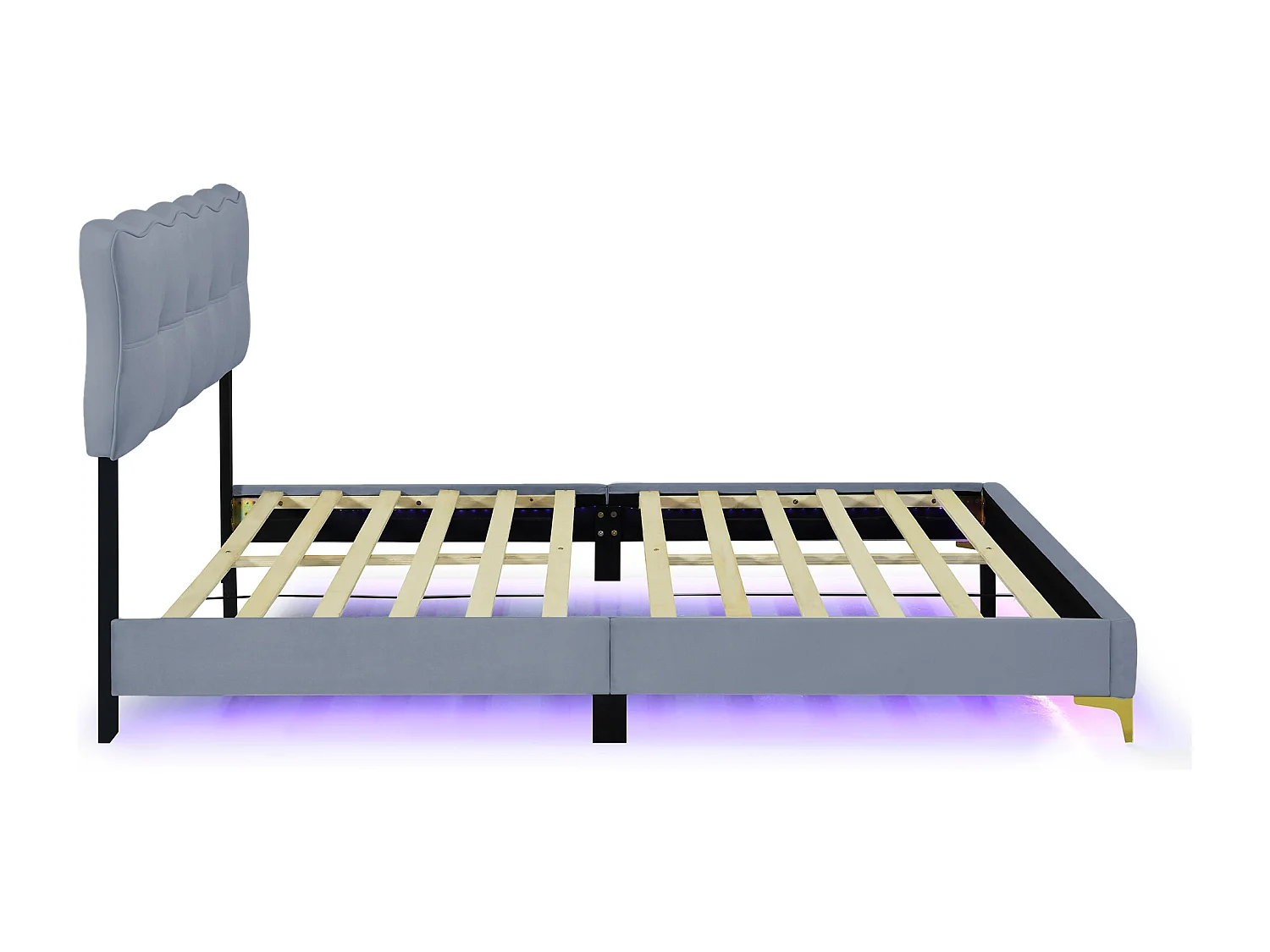 Gestoffeerd bed met hoofdbord en lattenbodem. Tweepersoonsbed met led-led-bodem, 140x200 cm, fluweel, grijs.