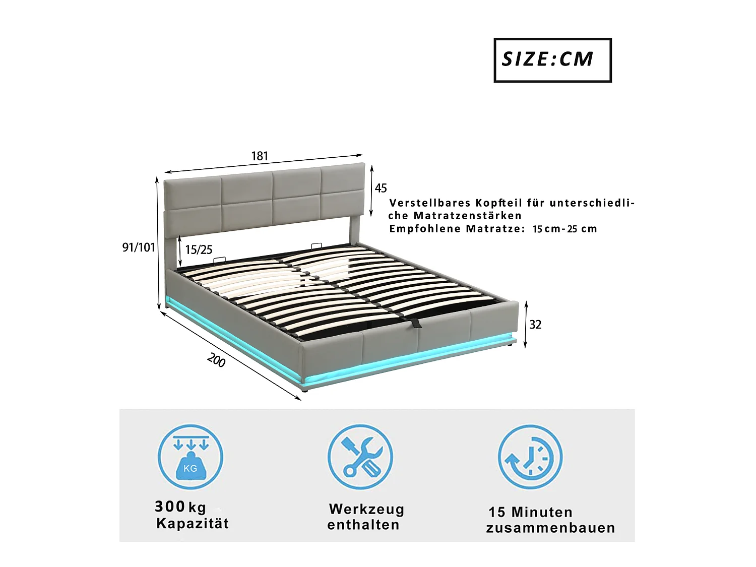 Lit double 180 x 200 cm , avec espace de rangement,  avec LED, avec sommier à lattes, gris clair