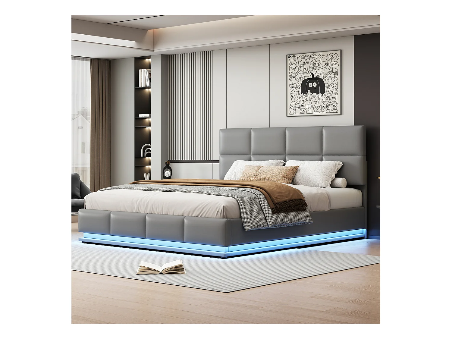 Cama de casal 180 x 200 cm, com espaço de arrumação, com LED, com estrado de ripas, cinza claro