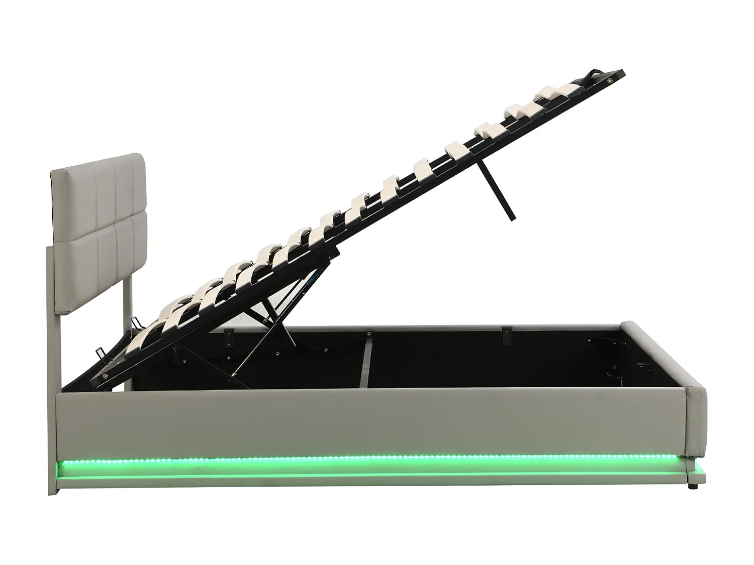 Cama doble 180 x 200 cm, con espacio de almacenaje, con LED, con somier de láminas, gris claro