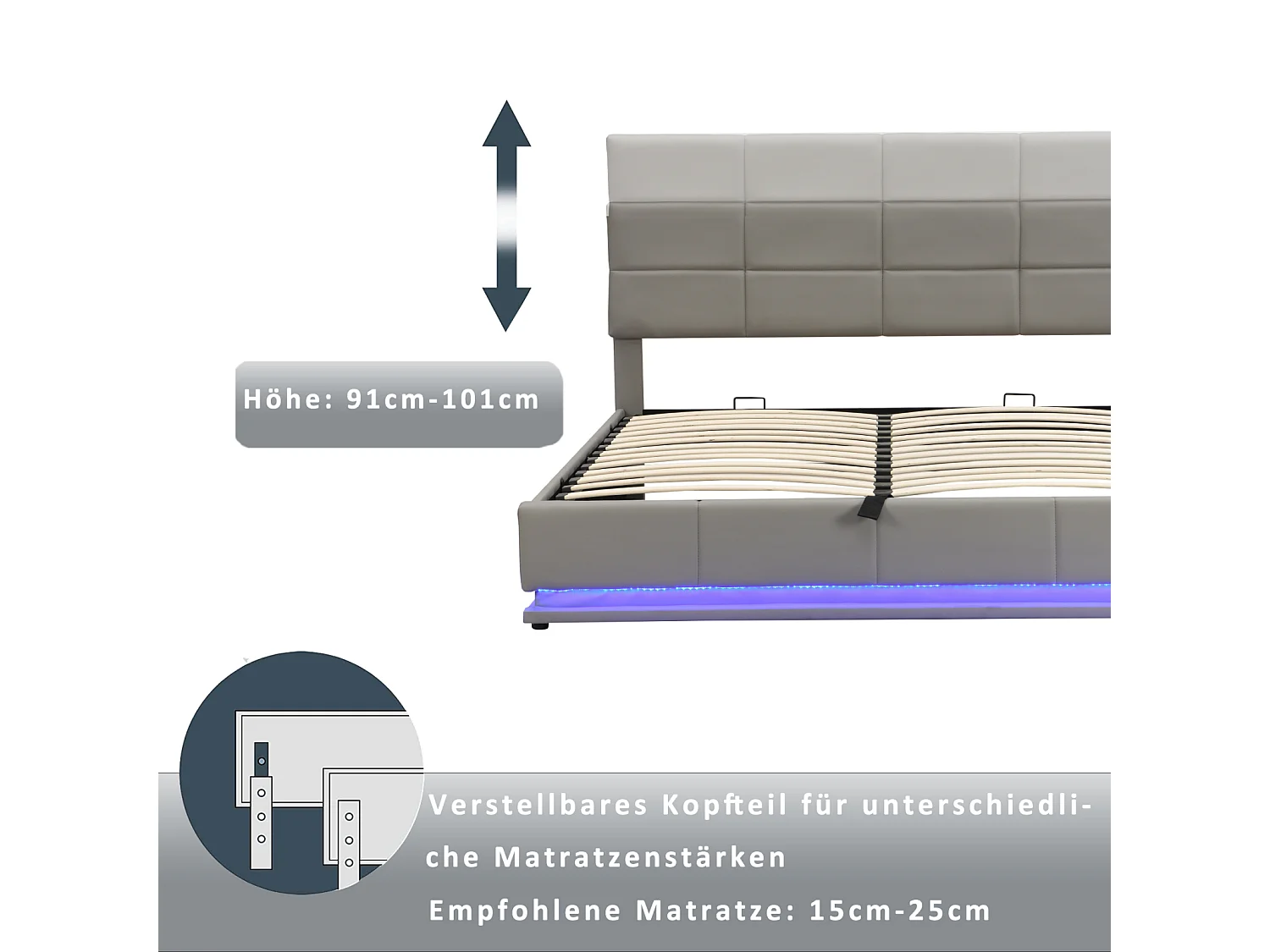 Cama doble 180 x 200 cm, con espacio de almacenaje, con LED, con somier de láminas, gris claro