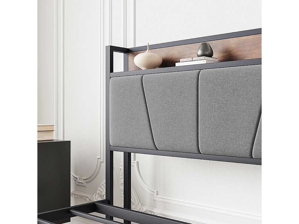 Lit adulte 140x200 cm avec éclairage LED intelligent tête de lit station USB plateforme lattes métalliques ultra résistantes silencieux noir