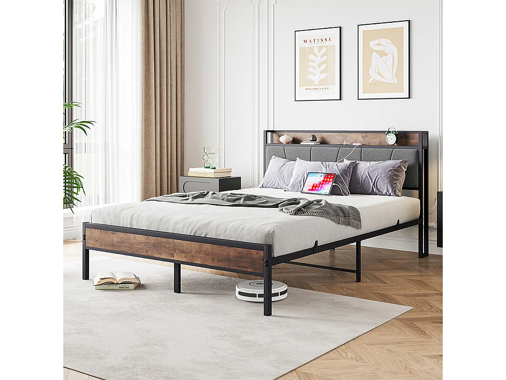 Lit adulte 140x200 cm avec éclairage LED intelligent tête de lit station USB plateforme lattes métalliques ultra résistantes silencieux noir