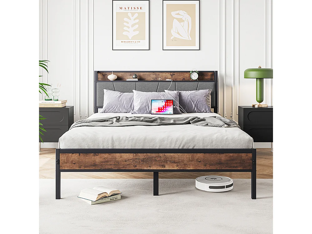 Lit adulte 140x200 cm avec éclairage LED intelligent tête de lit station USB plateforme lattes métalliques ultra résistantes silencieux noir