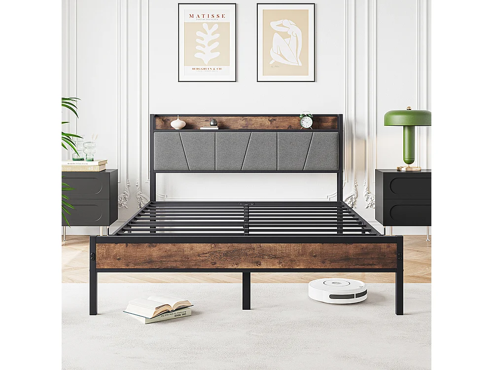 Lit adulte 140x200 cm avec éclairage LED intelligent tête de lit station USB plateforme lattes métalliques ultra résistantes silencieux noir