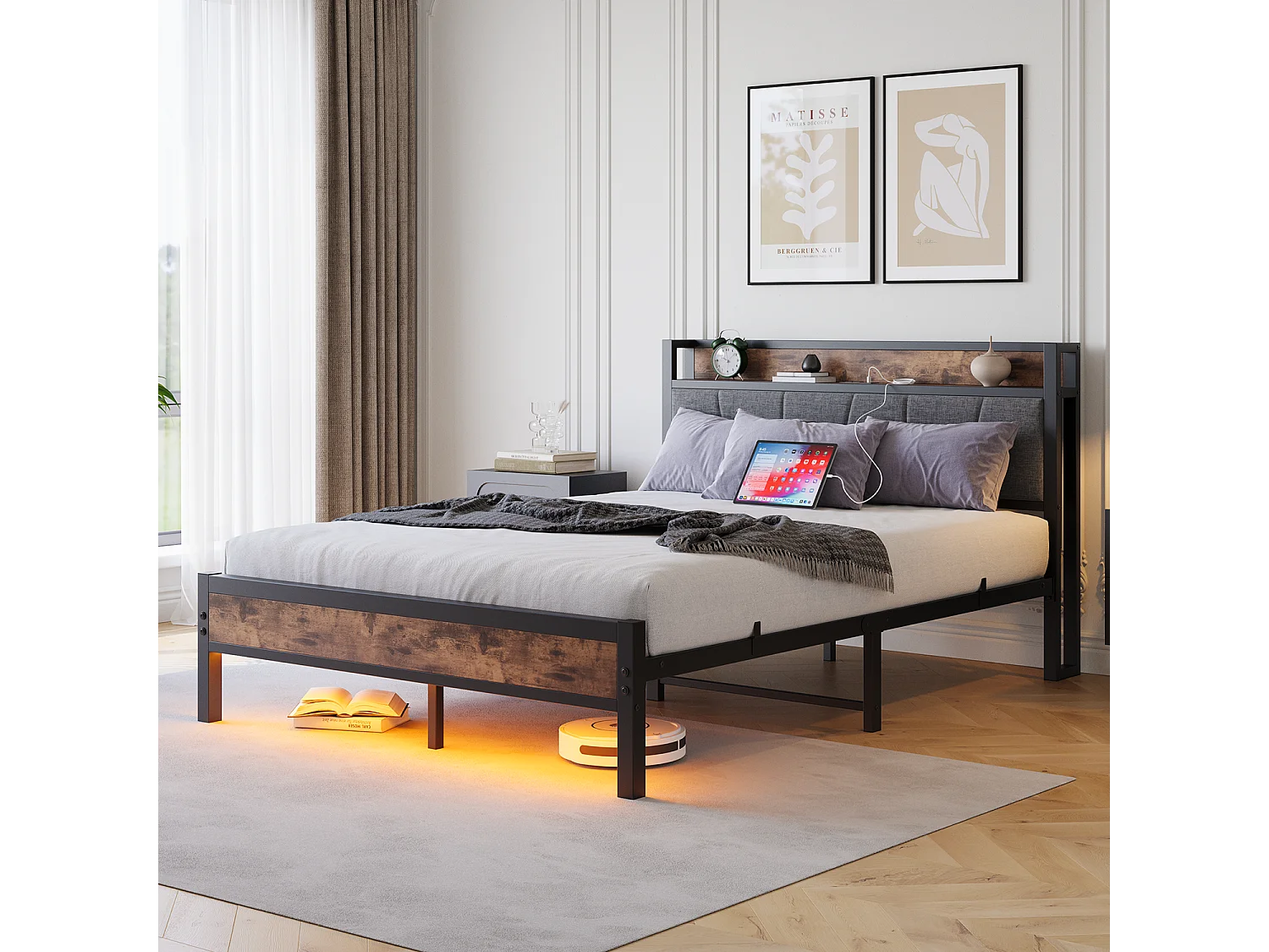 Lit adulte 140x200 cm avec éclairage LED intelligent tête de lit station USB plateforme lattes métalliques ultra résistantes silencieux noir