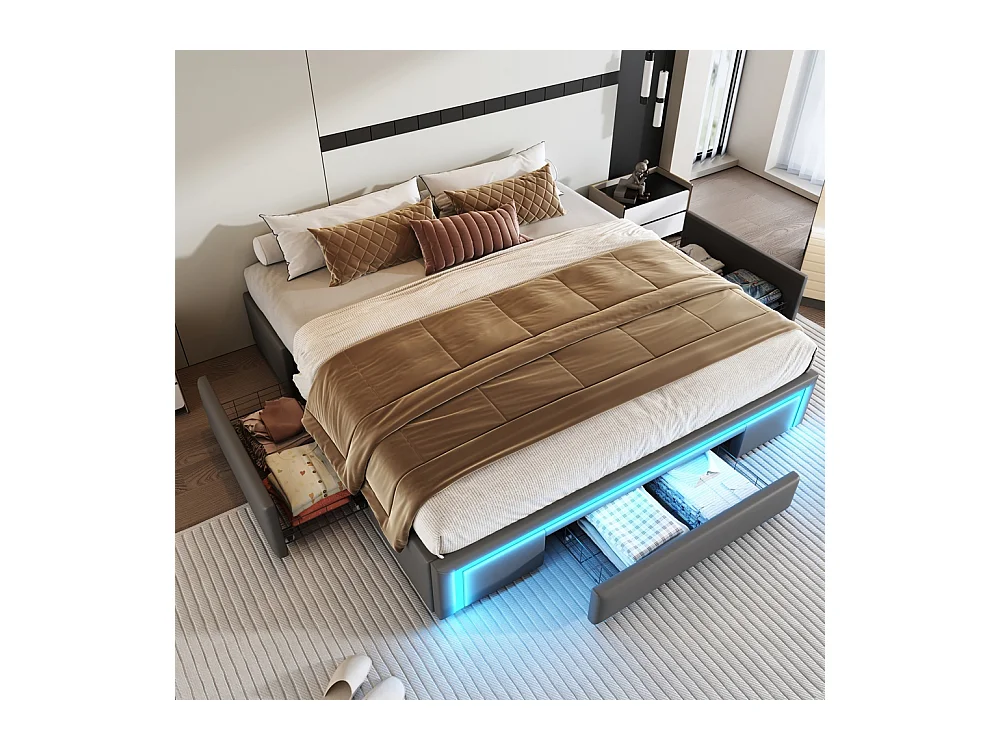 lit avec rangement 180x200 avec tiroirs lit en cuir PU sans tête de lit Avec bandeau lumineux LED sommier à lattes métalliques gris