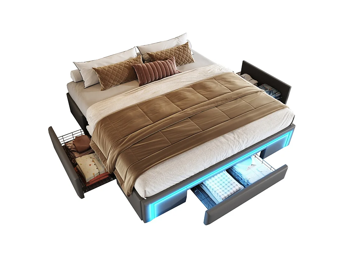 lit avec rangement 180x200 avec tiroirs lit en cuir PU sans tête de lit Avec bandeau lumineux LED sommier à lattes métalliques gris