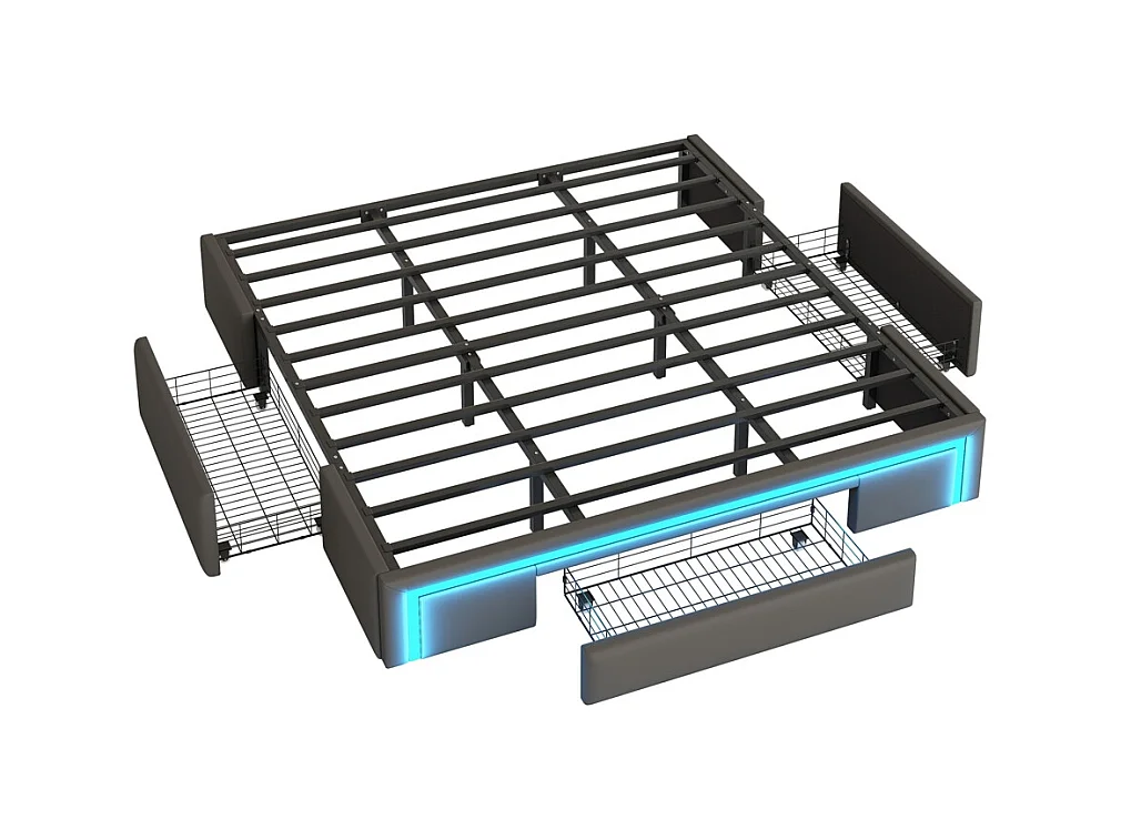 lit avec rangement 180x200 avec tiroirs lit en cuir PU sans tête de lit Avec bandeau lumineux LED sommier à lattes métalliques gris