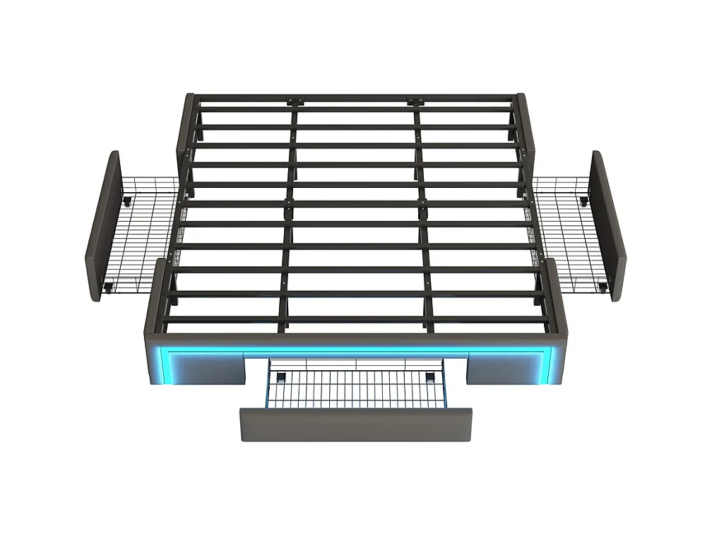 lit avec rangement 180x200 avec tiroirs lit en cuir PU sans tête de lit Avec bandeau lumineux LED sommier à lattes métalliques gris