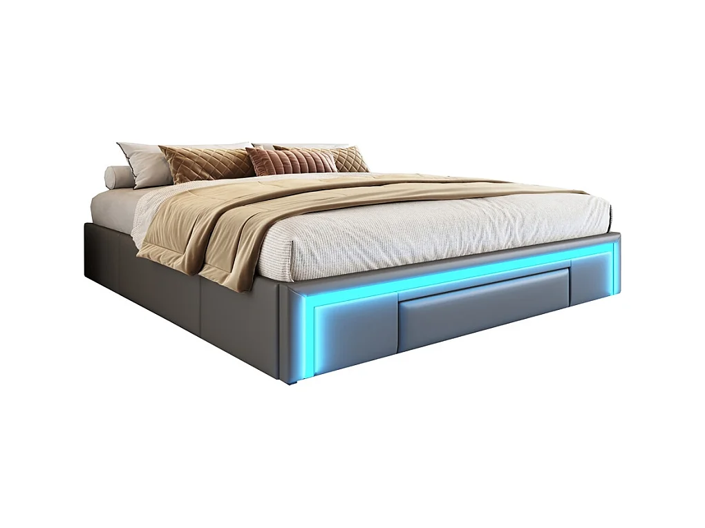 lit avec rangement 180x200 avec tiroirs lit en cuir PU sans tête de lit Avec bandeau lumineux LED sommier à lattes métalliques gris