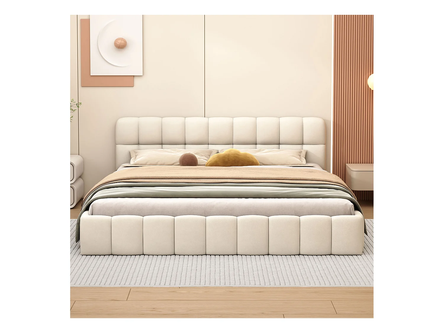 Gestoffeerd tweepersoonsbed, bubbel, 140 x 190 cm, met lattenbodem en zachte rugleuning, linnen, beige