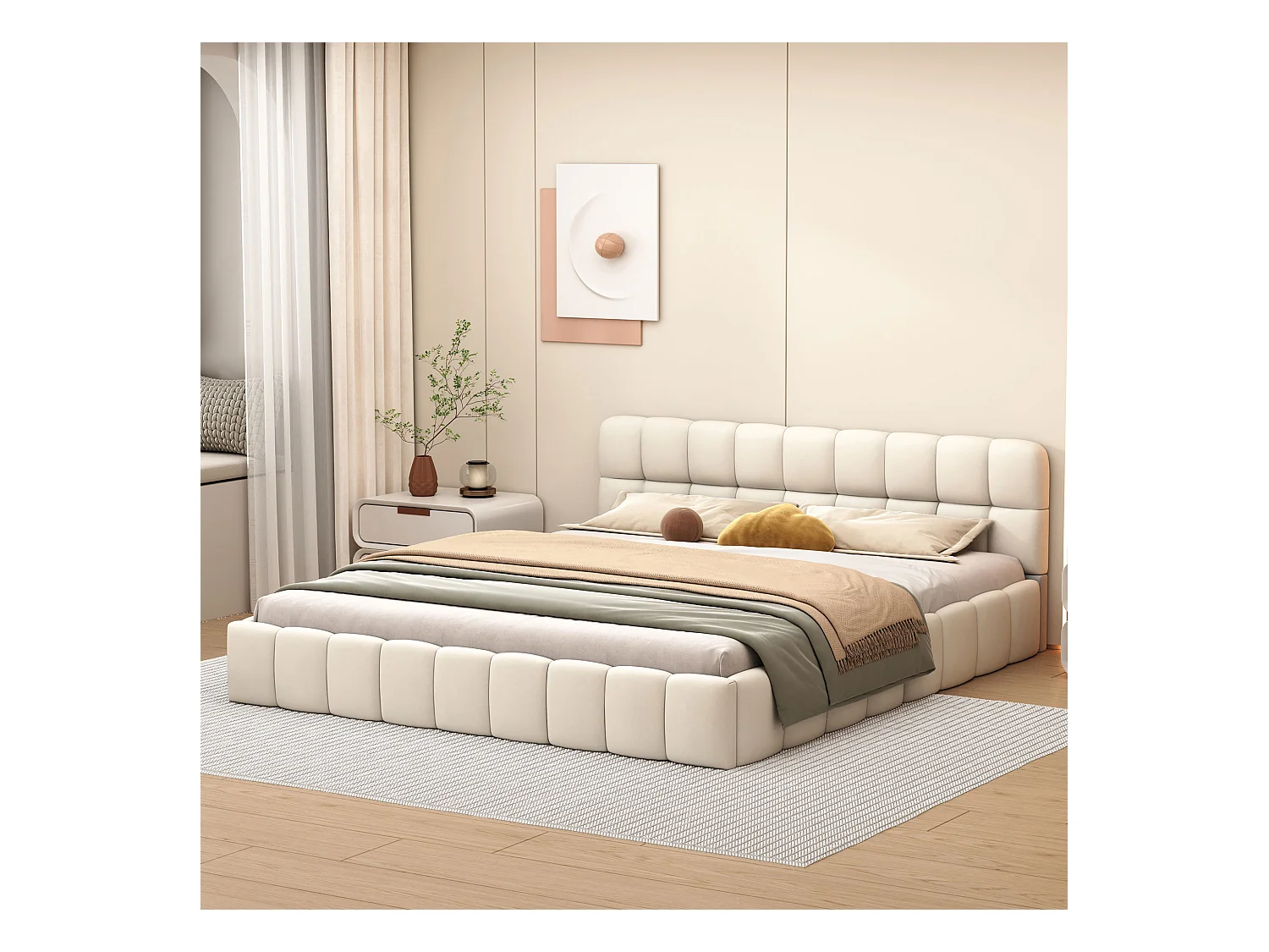 Lit double rembourré, à bulles, 140 x 190 cm, avec sommier à lattes et dossier souple, lin, beige