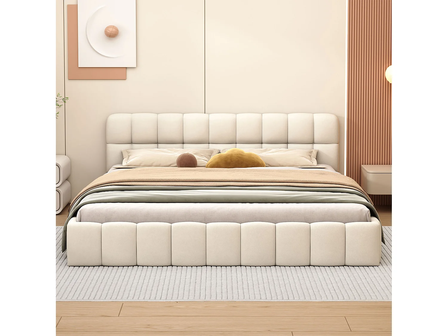 Lit double rembourré, à bulles, 140 x 190 cm, avec sommier à lattes et dossier souple, lin, beige