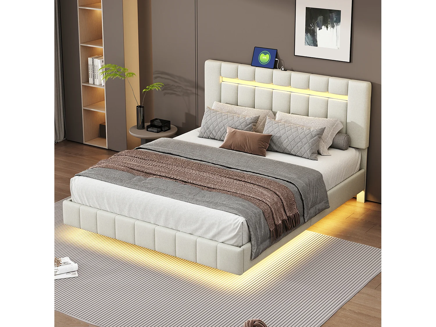 Letto matrimoniale imbottito, 160 x 200 cm, con illuminazione a LED e 2 porte USB, con rete a doghe, lino, beige