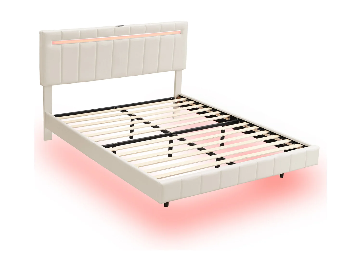 Letto matrimoniale imbottito, 160 x 200 cm, con illuminazione a LED e 2 porte USB, con rete a doghe, lino, beige