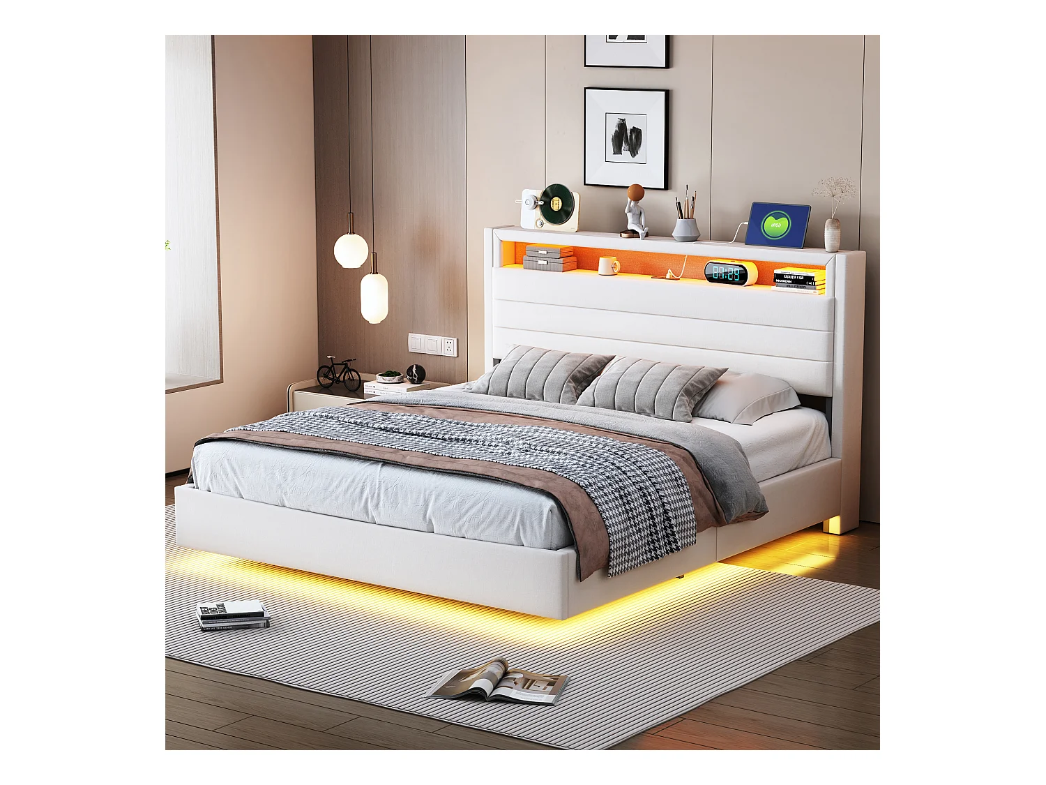 Cama con almacenaje 140x200 cm, Cama con iluminación LED y toma USB, con almacenaje, Tejido de lino, Beige