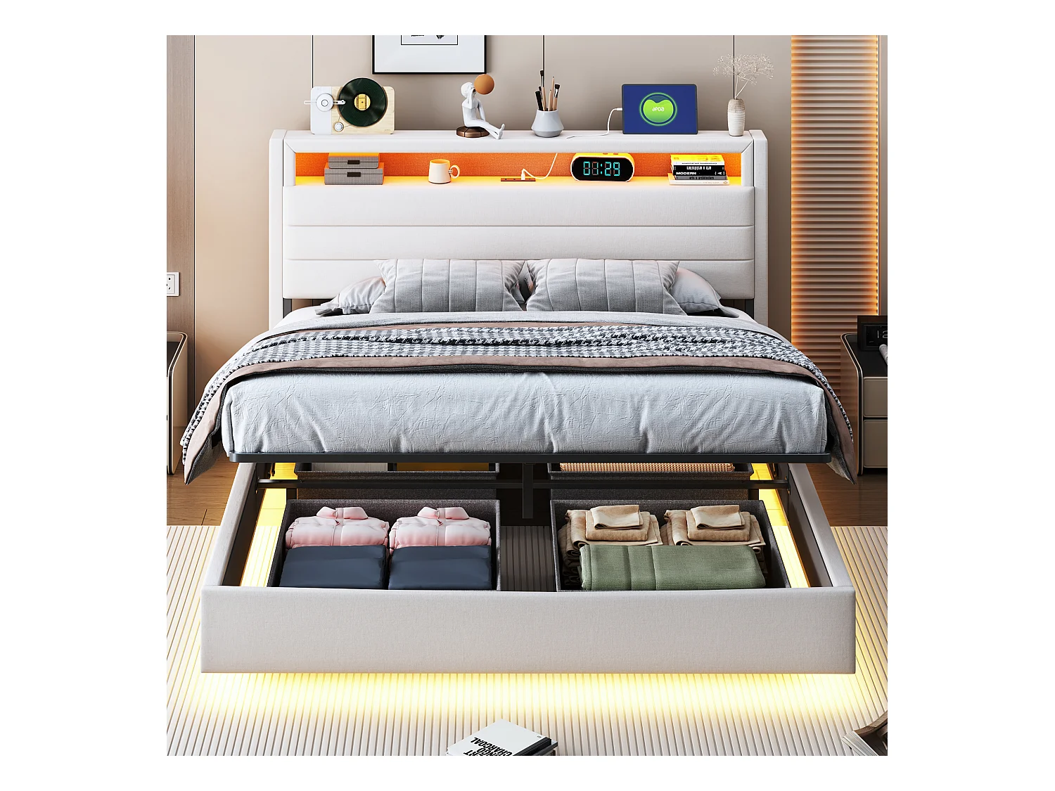 Cama con almacenaje 140x200 cm, Cama con iluminación LED y toma USB, con almacenaje, Tejido de lino, Beige