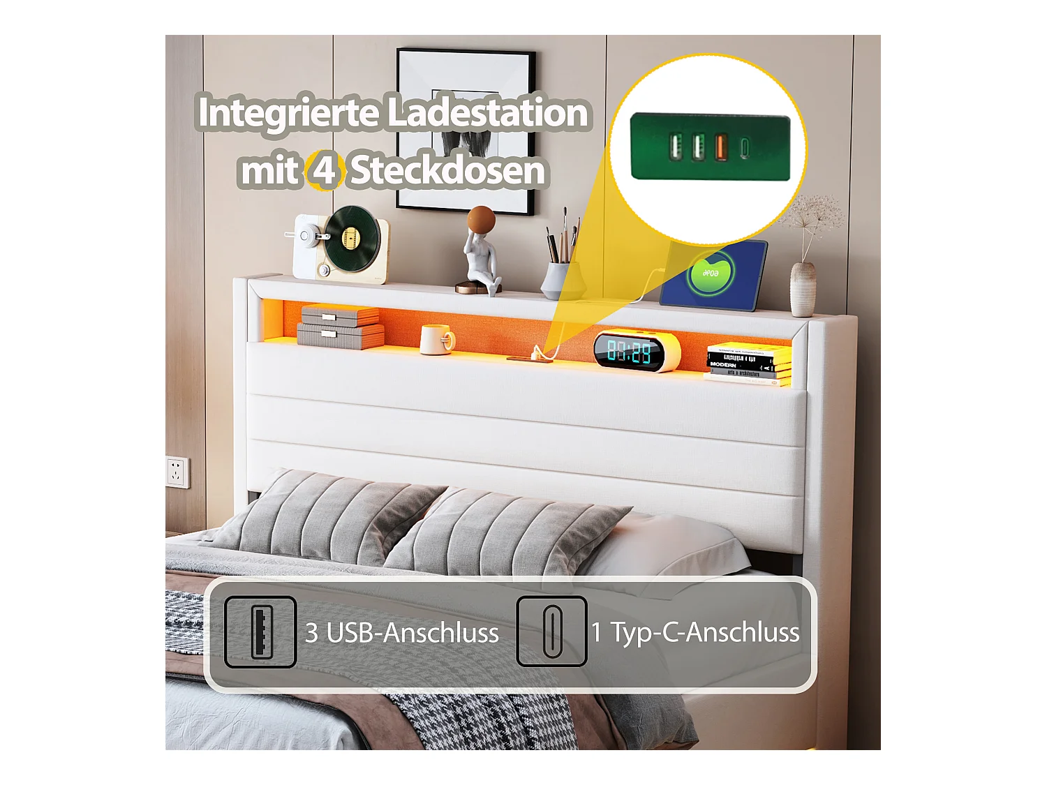 Cama con almacenaje 140x200 cm, Cama con iluminación LED y toma USB, con almacenaje, Tejido de lino, Beige