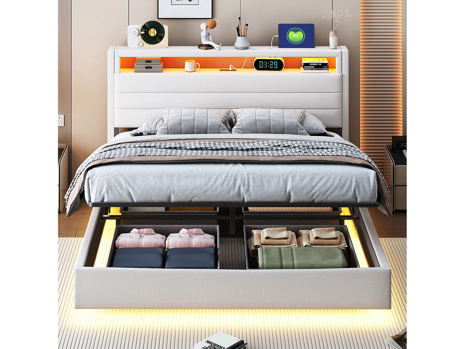 Cama con almacenaje 140x200 cm, Cama con iluminación LED y toma USB, con almacenaje, Tejido de lino, Beige