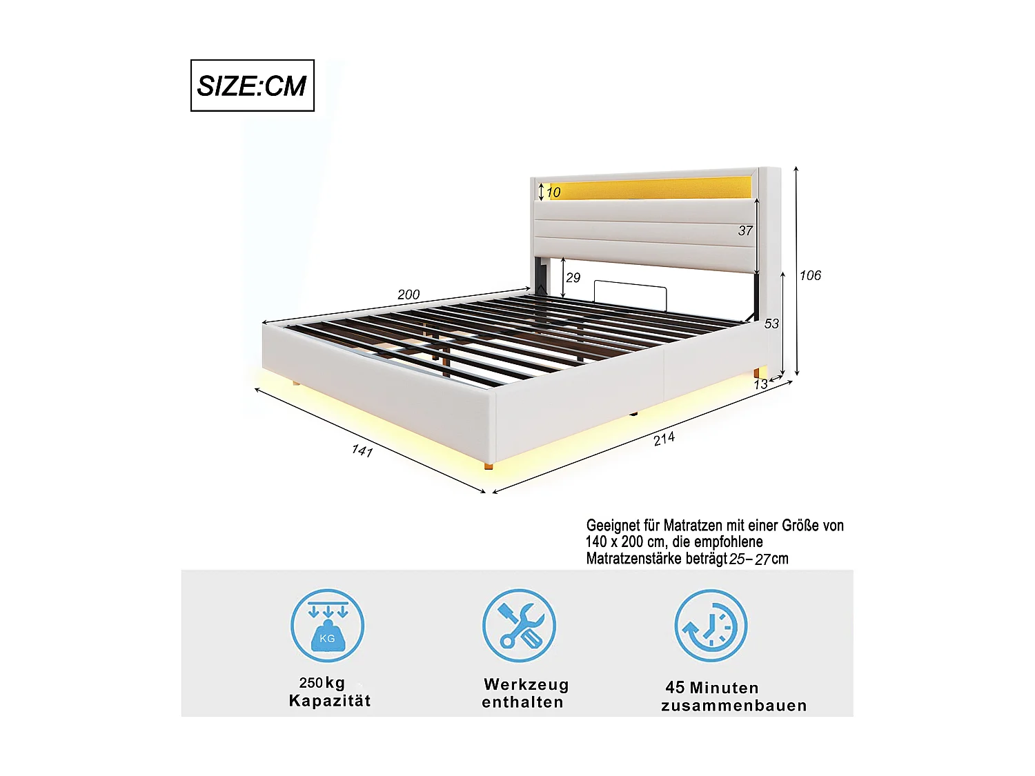 Cama con almacenaje 140x200 cm, Cama con iluminación LED y toma USB, con almacenaje, Tejido de lino, Beige