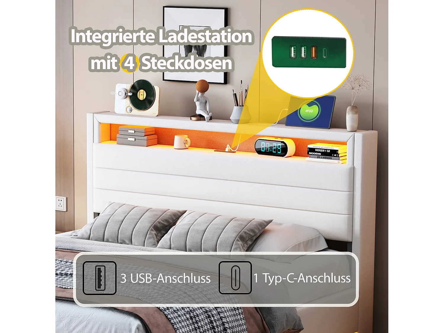 Cama con almacenaje 140x200 cm, Cama con iluminación LED y toma USB, con almacenaje, Tejido de lino, Beige