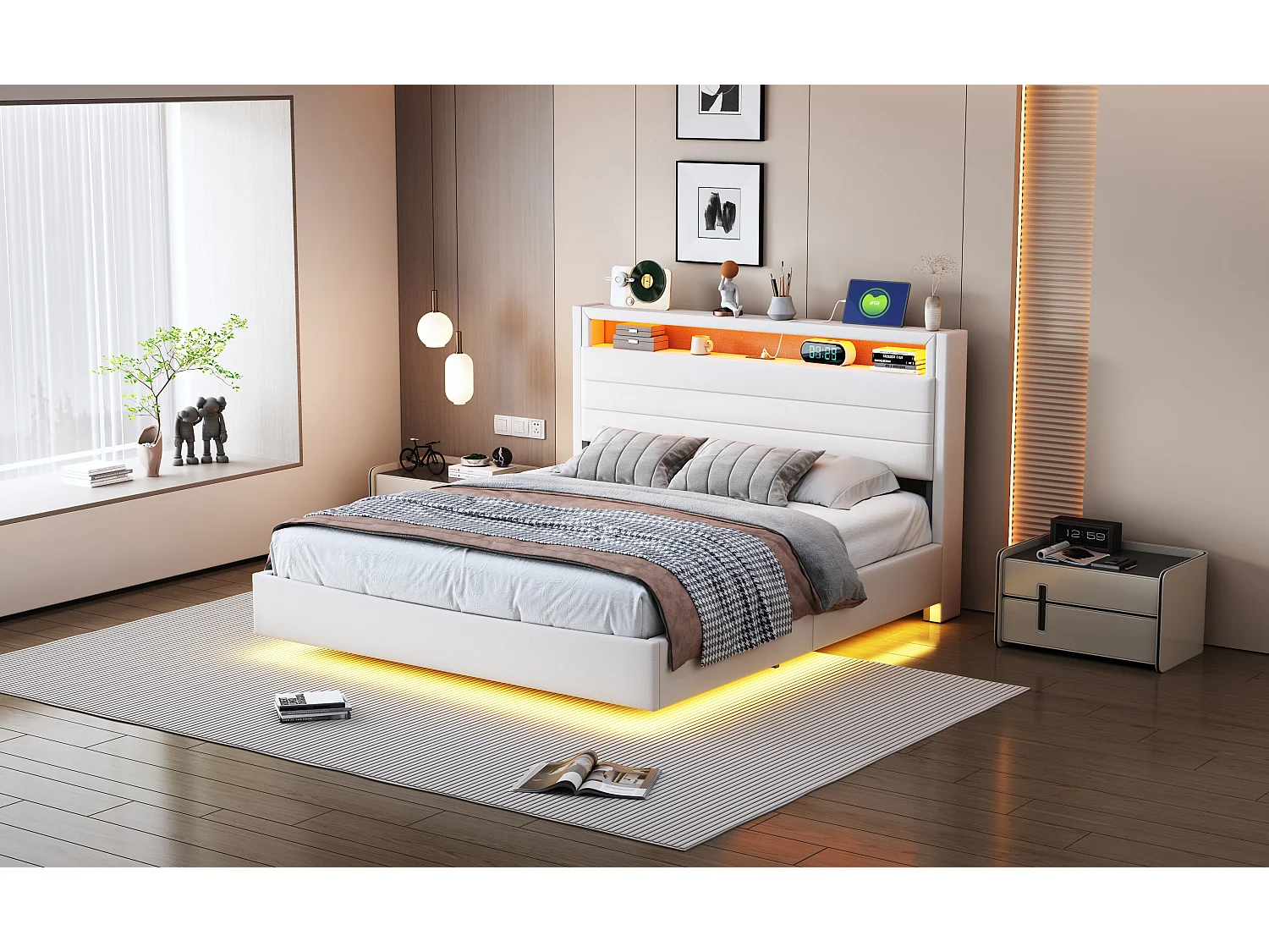 Cama con almacenaje 140x200 cm, Cama con iluminación LED y toma USB, con almacenaje, Tejido de lino, Beige