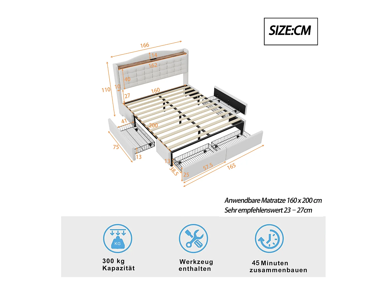 Cama 160 x 200 cm com arrumação e tomada USB - Estrutura com 4 gavetas e estrado de ripas, Bege